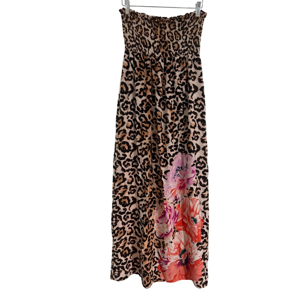 Justify Womens Leopard Floral Strapless Maxi Dress Smocked Tube Top Brown M
